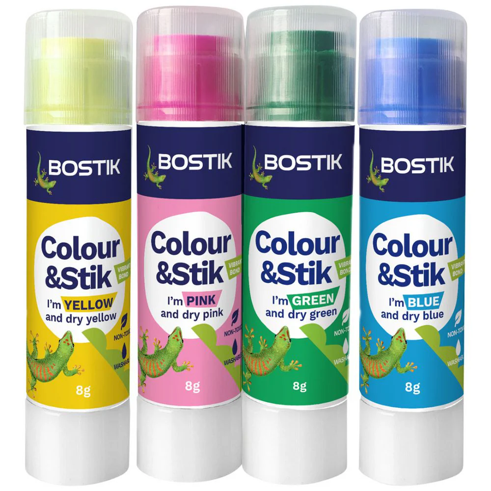 Bostik Colour & Stik Glue Sticks Purple, Dries Clear 8g 4 Pack