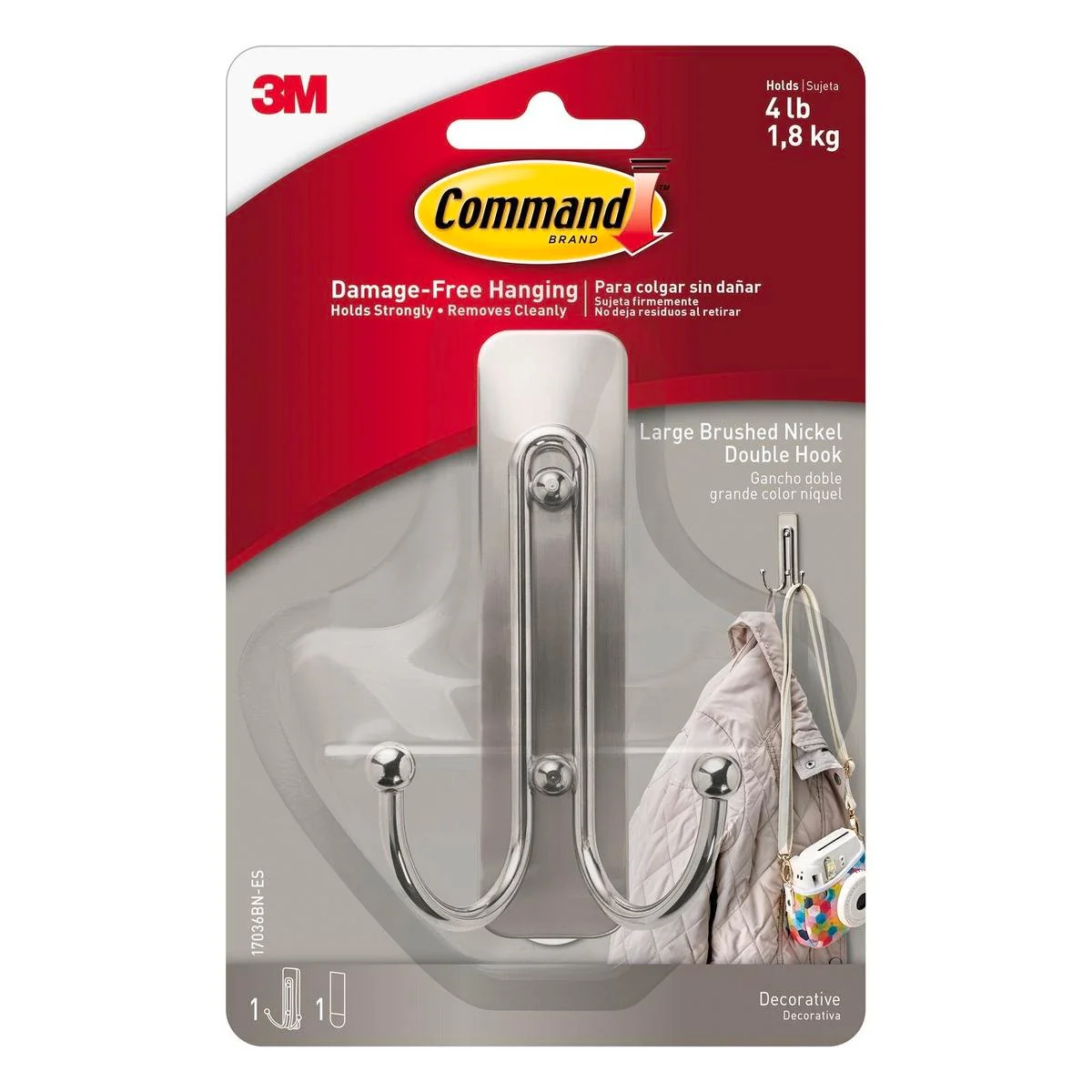 Command Brushed Nickel Large Double Wall Hook 1 Pack