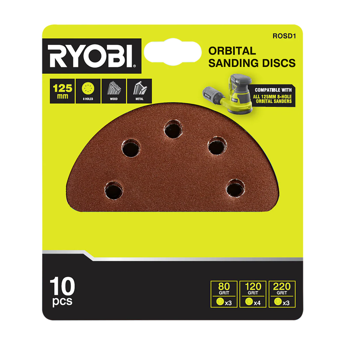 Ryobi Orbital Sanding Discs 125mm 10 Pack for Surface Preparation